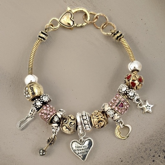 LANDAU • Love You To The Moon Charm Bracelet Pandora Style Heart Love - Picture 2 of 4